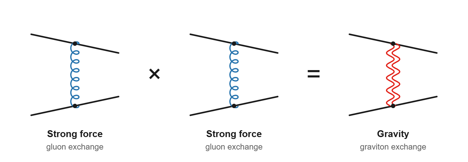 Diagram: a gluon exchange times a gluon exchange equals a graviton exchange