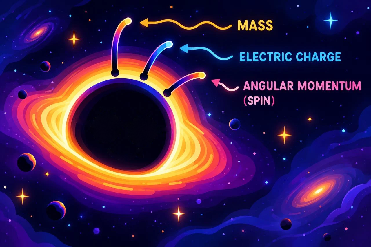 A cartoon black hole, a dark disc inside a glowing orange ring against a starry purple sky; the only three hairs on it are labelled mass, electric charge, and angular momentum (spin).