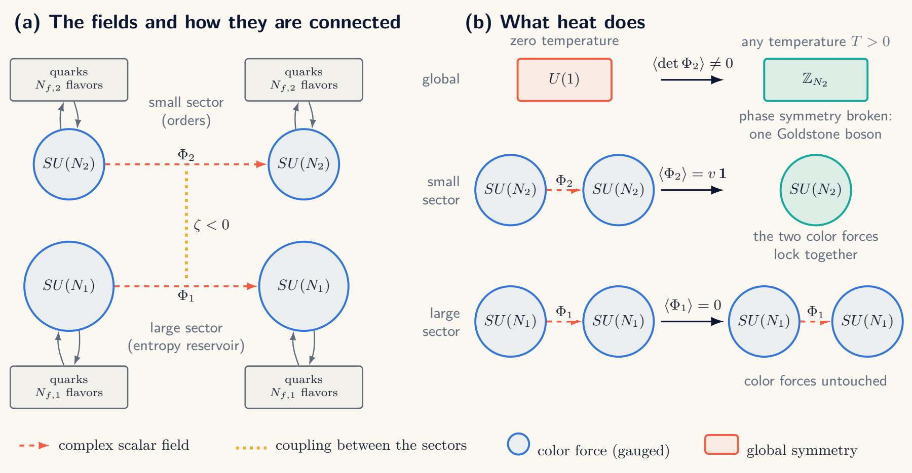 Quiver diagram of the superfluid theory: two sectors, each with two circles (color forces) joined by a line (the scalar field) and gray boxes (quark flavors), connected by a dotted line. A second panel shows the hot phase, in which the two circles of the small sector merge.